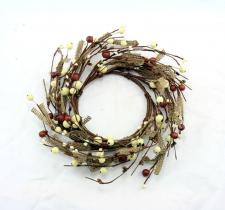 4.5 IN BROWN BURLAP CANDLE RING W/BROWN AND CREAM MIXED BERR